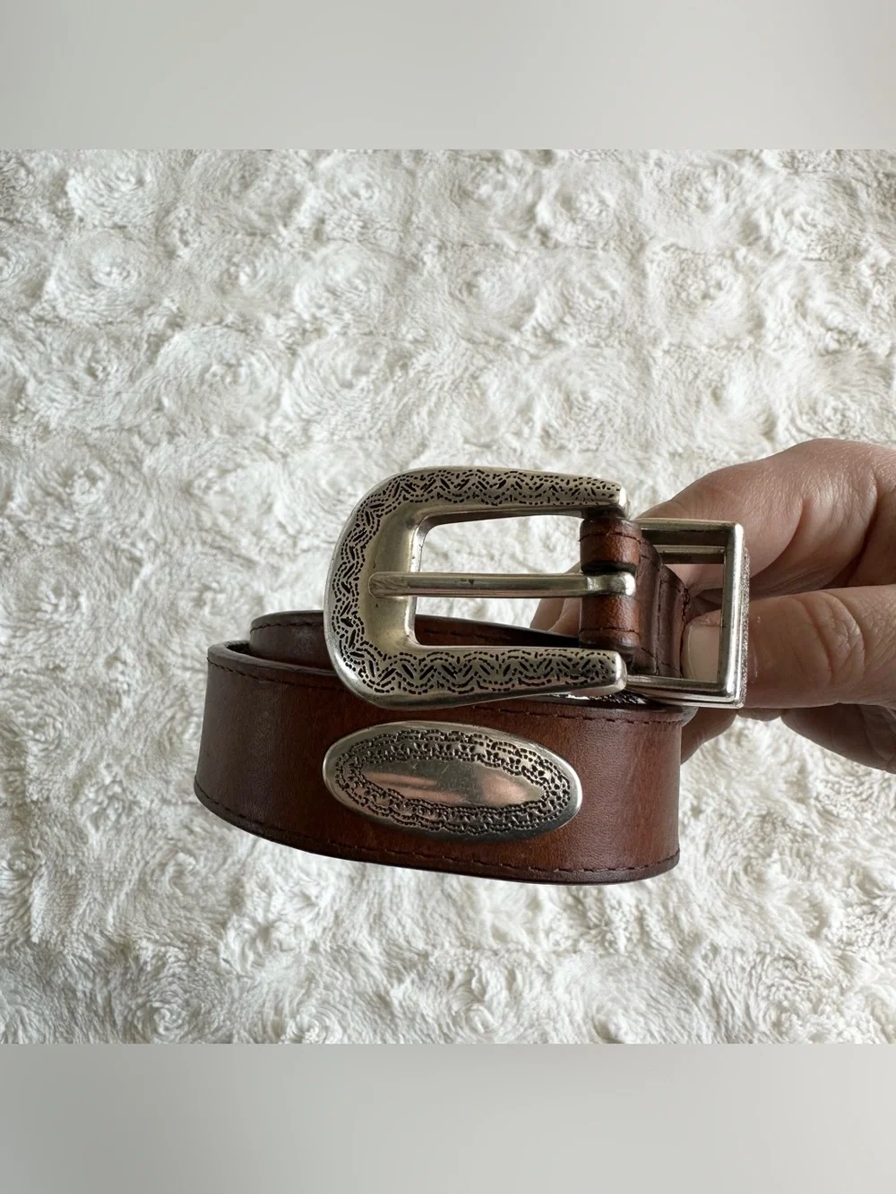 Leather Concho Belt Mens 34 Brown Silver Haggar Buckle Western Cowboy Full Grain